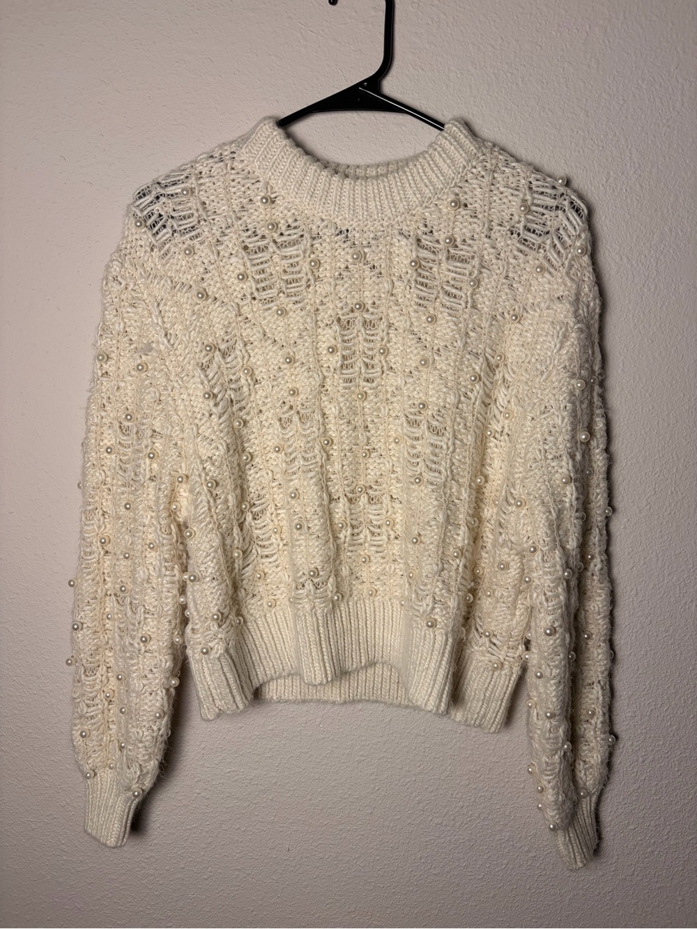Zara Cream Pearl-Embellished Crewneck Sweater